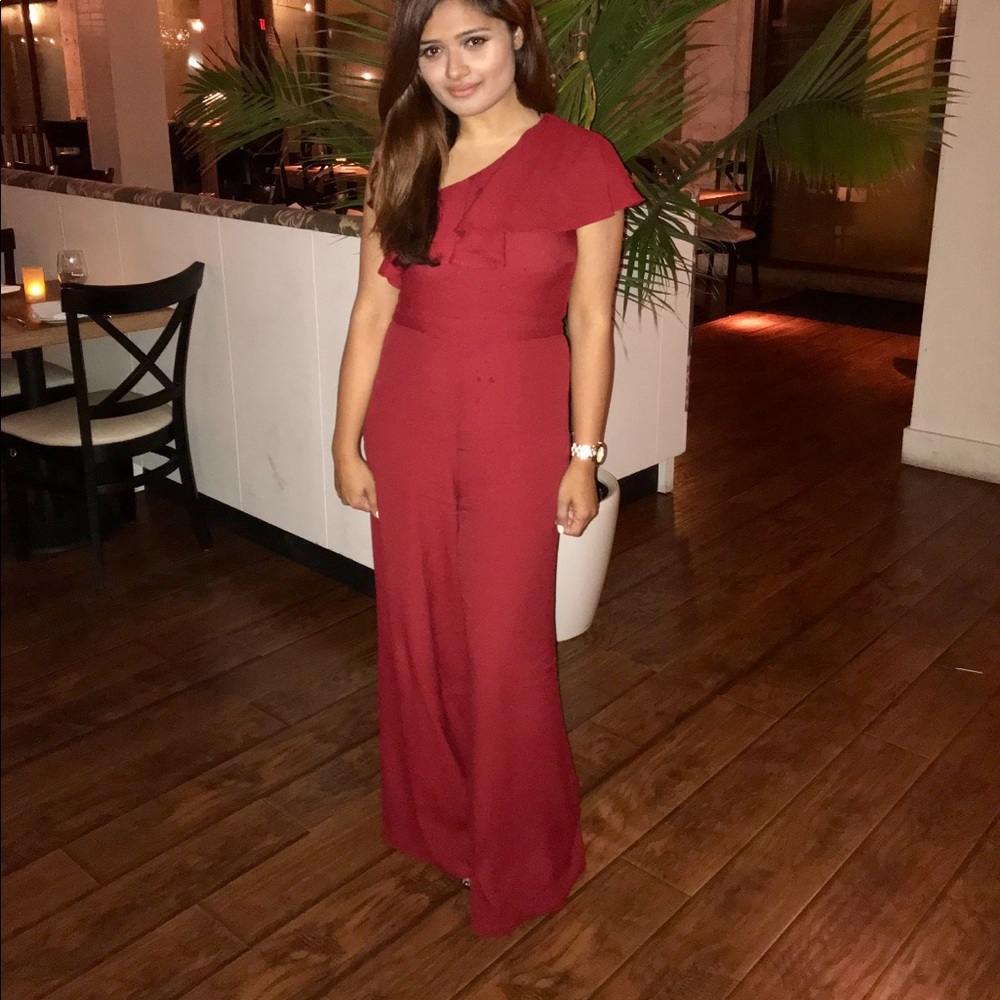 Red one shoulder jumpsuit